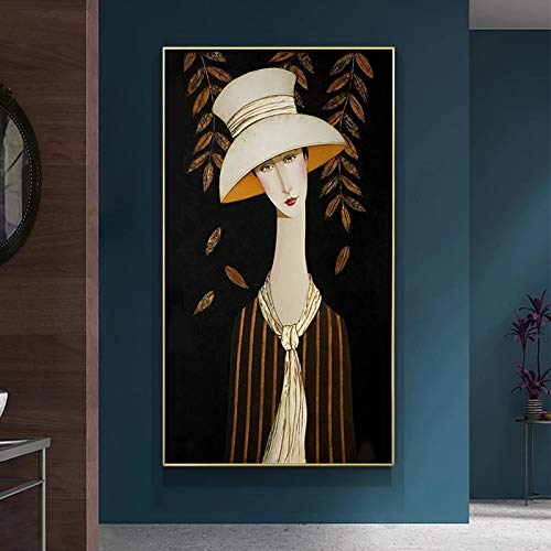 Toile femmes et feuille d'or fond noir style scandinave sans cadre pour decoration salon 50x100 cm