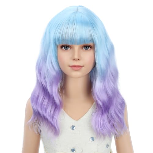 Image of PATTNIUM Girls Blue Ombre Purple Wig with Bangs Kids Short Wavy Curly Wig Blue and Purple Bob Wigs Synthetic Halloween Costume Cosplay Party Wigs