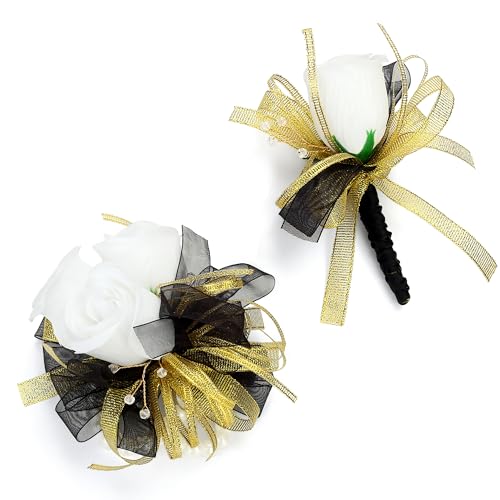 AWARDSEN White Corsage and Boutonniere Set Double Pearl Bracelets