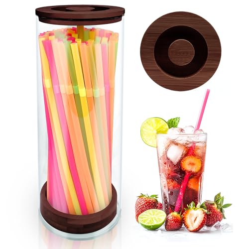 Straw Holder Dispenser for Counter,10-Inch Drinking Straw Dispenser with 100 Straws,Acrylic Straws Organizer with Bamboo Lid,Transparent Straw Storage Container for Kitchen,Pencils and Silverware