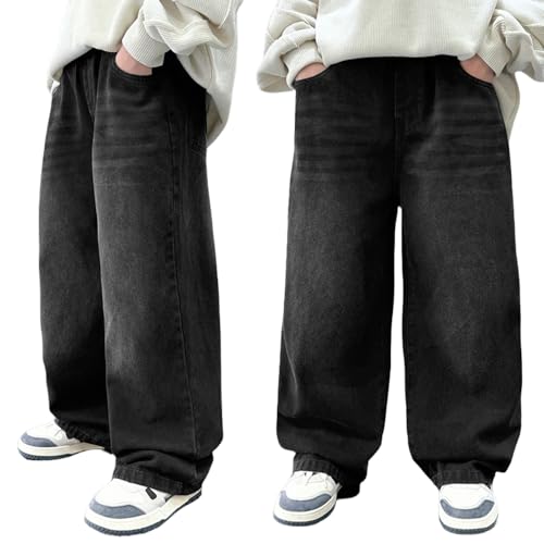 Tween Boys Baggy Jeans Elastic Waistband Wide Leg Denim Pants with Pockets, Casual Black Jeans for Boys