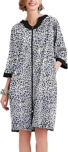 Ekouaer Women Zipper Robe 3/4 Sleeve Nightgowns Lightweight Short Bathrobe with Pockets Black Leopard,XL