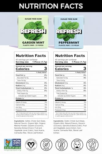 Image of Refresh Plant Based Gum, Sugar Free, Xylitol, 12 Pcs, 6 Pack (Mint Variety Pack)