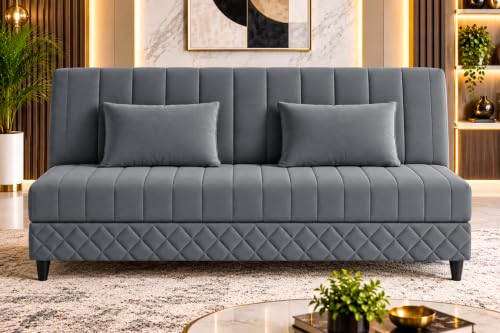 Image of 3-Seater Velvet Sofa Cum Bed | Tufted Convertible Sleeper Sofa | Plush Cushioned Seating | Space-Saving Design for Living Room, Bedroom & Office | Grey