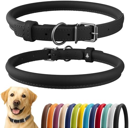 CollarDirect Rolled Leather Dog Collar, Soft Padded Round Puppy Collar, Handmade Genuine Leather Collar Dog Small Large Cat Collars (Black Smooth, 48-53 cm)