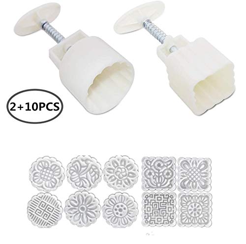 Accfore 2 Pack Mooncake Mold Press With 10 Stamps,Round Flower And Square Flower Decoration Tools For Moon Cake Baking Diy Cookie Stamps Pastry Biscuit Desser #TOP1