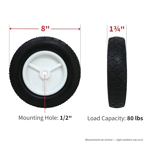 Shepherd Hardware 8-Inch Semi-Pneumatic Rubber Replacement Tire, Plastic Wheel, 1-3/4-Inch Diamond Tread, 1/2-Inch Bore Offset Axle - White, 8713E