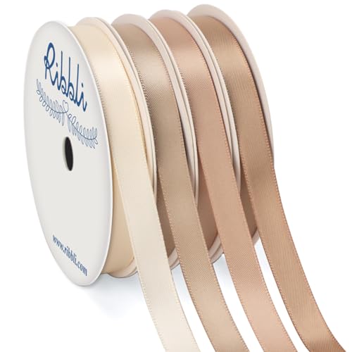 Ribbli Champagne Satin Ribbon 3/8 Inch x 4 Rolls Total 40 Yards-Ivory Champagne Ribbon for Gift Wrapping Craft Wedding Decoration