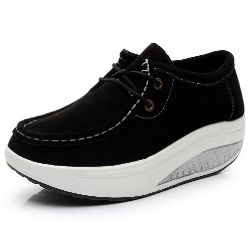 rismart Mujer Plataforma Calzo Aptitud para Caminar Beige Ante Cuero Entrenadores Zapatos Negro 39 EU