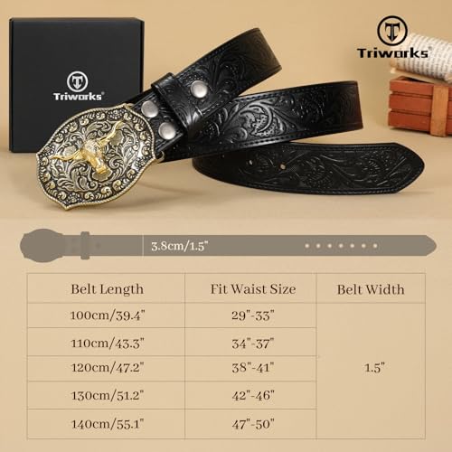 Mens Western Cowboy Belt - Cowgirl Western Country Belt with Floral Engraved Buckle4