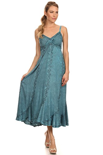 Sakkas 152105 - Allie Stonewashed Embroidered Adjustable Spaghetti Straps Long Dress - Turquoise - S/M #TOP4