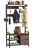 Zvezvia Garderobenständer, Flurgarderobe mit Schuhbank, Garderobe, Schuhaufbewahrung, 2 Schubladen, 17 Haken, Industrie-Design Garderobe mit Sitzbank für Flur, Wohnzimmer 30 x 80 x 180 cm