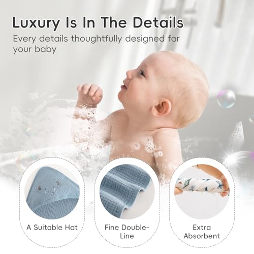 Image of PHF 100% Muslin Cotton Baby Hooded Towels, 2 Pack Bath Towel with Hood for Newborn, Infant, Toddler, Ultra Soft and Absorbent Baby Bath Essentials, Shower Gifts for Boys, 32x32Inch, Woodland