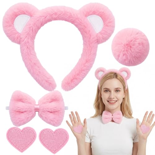 FineCheer Pink Bear Costume Bear Ears Headband Bow Tie Tail Heart Patch Cartoon Animal Accessories for Halloween Cosplay Party