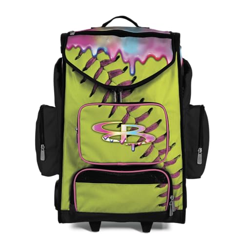 Boombah Ultrapack Hybrid Rolling Bat Bag - Wheeled & Backpack Version - Softball Homerun Drip Optic Yellow/Black/Pink