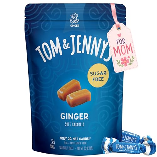 Tom & Jenny's Sugar Free Candy Soft Caramels Individually Wrapped - Sea Salt & Vanilla - Low Net Carb Keto Zero Sugar Candy with Allulose & Maltitol (Ginger Chewy Caramels) 1 Pack
