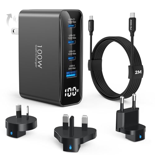 TOPADRE �C�O���s�p 100W �[�d�� ���ەϊ��v���O4�����Ή� (EU/UK/US/AU)�t�� GaN III �R���p�N�g �܂��ݎ� �f�W�^���\�� 4�|�[�g �}���[�d PSE�F�؍ς� iPhone/Android/MacBook/iPad�ȂǑ��@