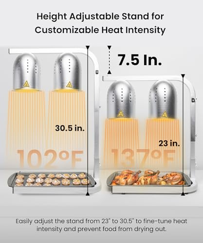 Image of SYBO Commercial Grade Food Heat Lamp, Electric 2-Bulb Heating Lamp Warmer for Food with Adjustable Stand, 500W, Silver