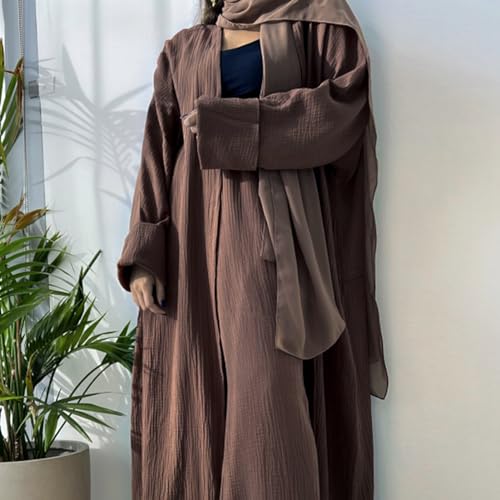 Image of Open Abayas Kimono Muslim Women Cardigan Maxi Dress and pants Set Islamic Clothing Dubai Saudi Robe