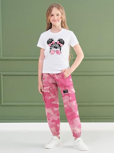 Image of ARTMINE Girls' 2 Piece Outfits Casual Drawstring Jogger Pants and Basic Short Sleeve Top Set, 6-14 Years