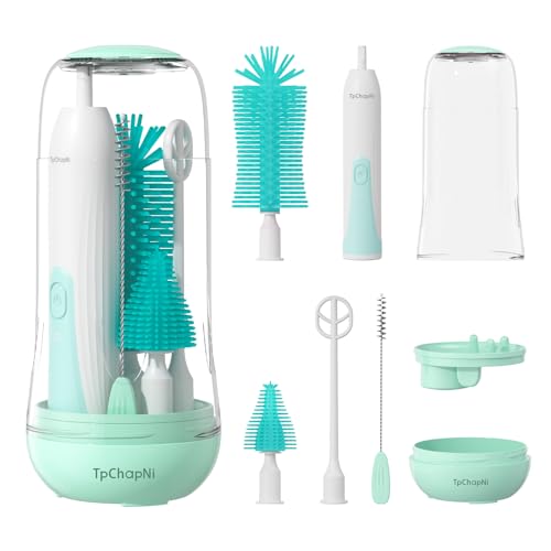 Image of TpChapNi Electric Travel Baby Bottle Brush Set, Electric Bottle Brush Cleaner, Silicone Bottle, Nipple and Straw Brush, Stirring Disperser, Drainage Rack, Storage Box (Green)
