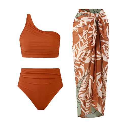 3 Piece Swimsuits for Women High Waisted Bikini Sets Retro Swimsuit with Cover up Beach Wrap Skirt