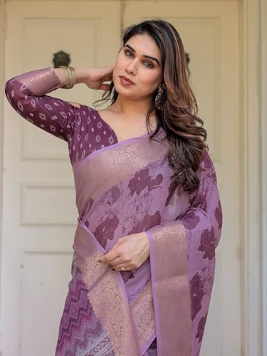 Image of ALMAARI FASHION Floral Printed Cotton Saree for Women with Handloom Zari Weave, Traditional Lightweight Ethnic Saree for Wedding Festive Office Party with Blouse Piece (LINEN 81-90 SH)