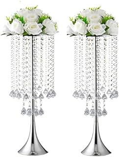 Luxurious Crystal 2pcs Flower Stand Wedding Centerpieces 58cm H, Tall Metal Flower Arrangement Stand, Tabletop Flower Vase for Wedding Party Dinner Event Hotel/Home Decor (Silver)