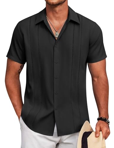 Image of COOFANDY Mens Cuban Guayabera Shirt Short Sleeve Button Down Shirts Summer Beach Vacation Shirts
