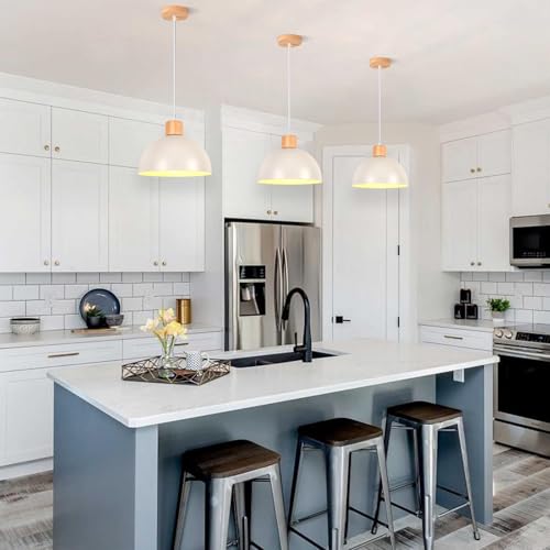iDEGU Set of 2 Retro Pendant Light Fixtures E27 Ceiling Light Modern Scandinavian Style 25cm Hemisphere Hanging Lampshade Metal Wood Pendant Light for Bedroom Dining Room Kitchen Restaurant (White) - Image 3