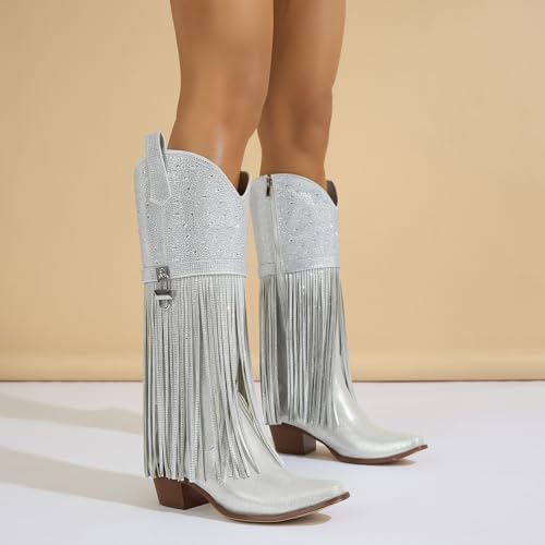 Fringe Cowboy Boots for Women, Sparkly Rhinestone Upper Side Zipper cowgirl boots Chunky Heels Pointed Toe knee High Western Boots3