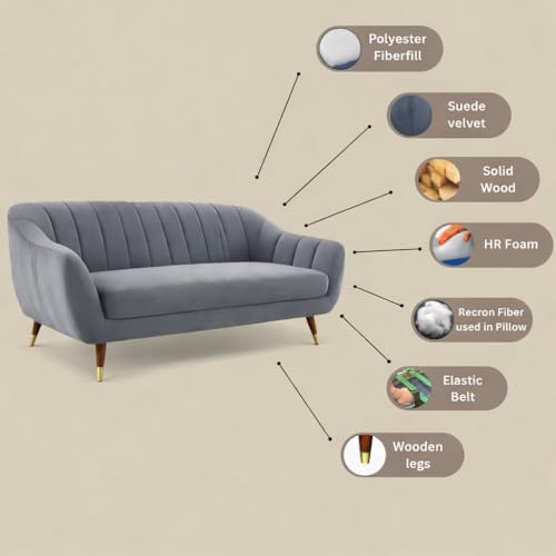 Image of AMATA Marino 3 Seater Sofa Set Colour Light Grey Suede Velvet Fabric with Two Cushions Perfect for Home Office Guests Living Room (Marino Light Grey, 3 Seater)(3 Year Warranty)