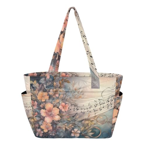 Bolso Tote de Tela Para Mujer con Estampado Floral y Musical miniatura 1