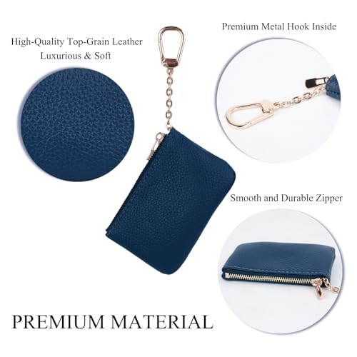 Image of Full Grain Leather Coin Purse with Key Chain - Small Change Purse Keychain Card Holder Keychain Pouch Small Keychain Wallet for Women and Men (Navy Blue), LA-2312
