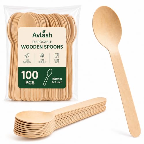 Avlash [ Pack of 100 ] Disposable Wooden Spoons Biodegradable Wooden Spoon - 16cm Long | Eco Friendly & Plastic Free Wooden Spoons - Ideal for Wedding Picnic Party Office (Spoons)