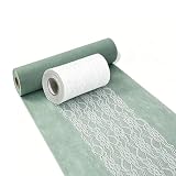 YUNSHANGHE Tischläufer Set - Eukalyptus Grün Vlies Tischband (30 cm x 25 m) und Weiß Spitzenband (15 cm x 25 m) für Kommunion, Taufe, Geburtstag, Hochzeit, Elegante Tischdekoration