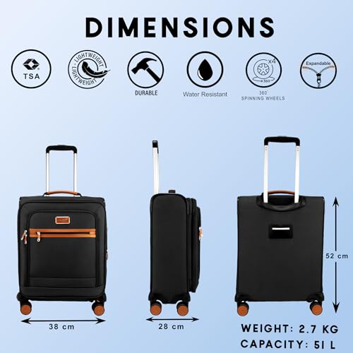 Image of F Gear Softair Small Cabin Soft Luggage | Lightweight Expandable Carry-On Trolley Bag with 360 Spinner Wheels, Silent 8-Wheel System, Built-in TSA Lock, Anti-Theft Zipper & Luggage Tag (Black)