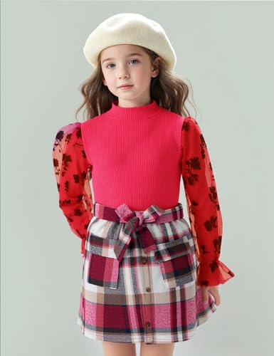Image of Toddler Girl Clothes Girls Outfits Flare-lace Sleeve Top and Plaid Skirt Dress Fall Winter 2Pcs Girls Clothes 5-12T