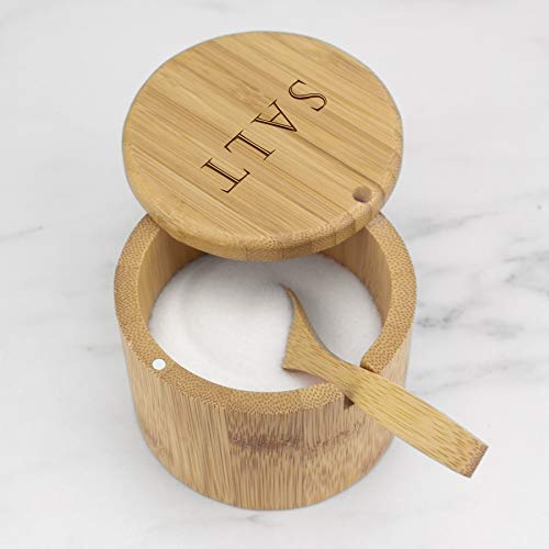 Totally Bamboo Salt Cellar Bamboo Storage Box With Magnetic Swivel Lid, 6 Ounce Capacity, Salt Engraved On Lid With Bamboo Spoon #TOP2
