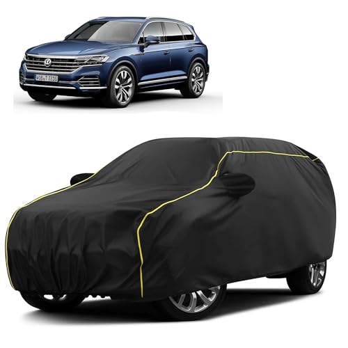 Image of Sulfar 100% Water Resistant Car Body Cover Compatible with Mirror for Volkswagen Touareg (Triple Stitched, Full Bottom Elastic, Black Taffeta with Yellow Piping)
