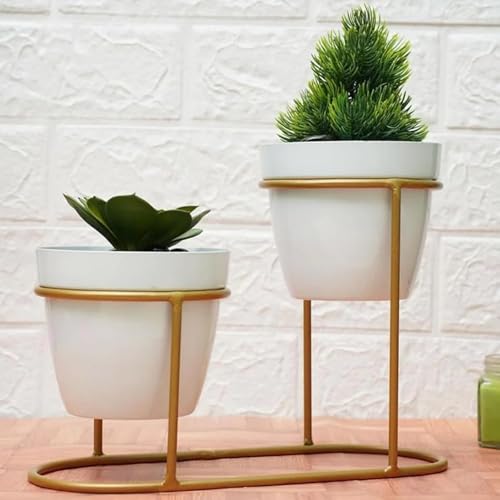 Image of UMAI Planter | Desktop Flower Planter | Home Decor Flowers Pot | Balcony Flower Pot | Flower Planter for Office Decor | Double Planter with Golden Stand | White