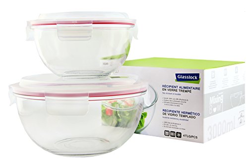 Glasslock (GL-1211, 2000ml, 1000ml)  Envase de vidrio templado apto para microondas - Tipo bol