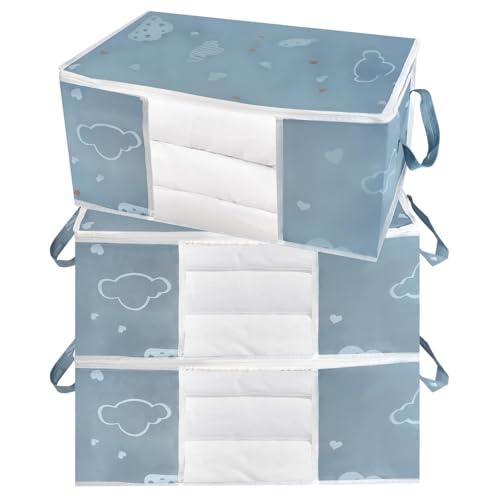 Zythrem 3 Piezas Cajas Almacenaje Ropa, 50L Bolsa de Almacenamiento Ropa de Tela no Tejida, Plegable Bolsa de Almacenamiento Organizador Edredones, Mantas, Ropa de Cama (Azul)