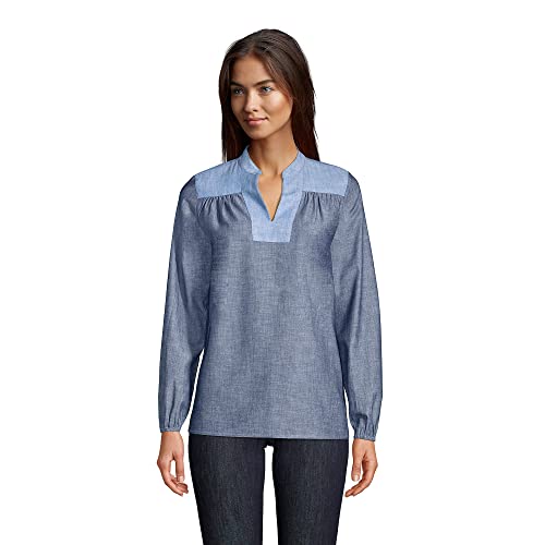 Lands' End Womens Chambray Mix Peasant Top Dark Indigo Chambray Regular X-Small #TOP17