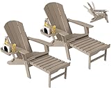 NAVINE Adjustable Adirondack Chair with Retractable Ottoman Set of 2, HDPE Folding Adirondack Chair with Cup Holder, All Weather Fire Pit Chair for Outdoor.