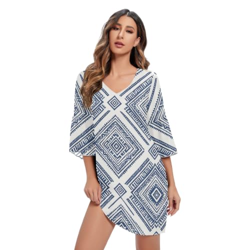 Robe en mousseline de soie douce col V imprimé tribal bleu de qualité