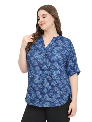 Image of SINDOORI Relaxed Fit Tops for Women Plus Size Solid Printed Mandarin Collar, Band Collar, V-Neck Top, Half Sleeve Loose Fit