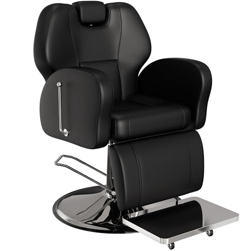 Baasha Premium Black Reclining Barber Chair Professional Salon Seat with Soft Leather Upholstery and Adjustable Headrest Comfortable for Braiding and Styling