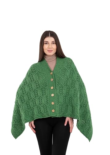 Image of SAOL Aran Poncho 100% Merino Wool for Ladies with Buttons V-Neck Shawl Cardigan