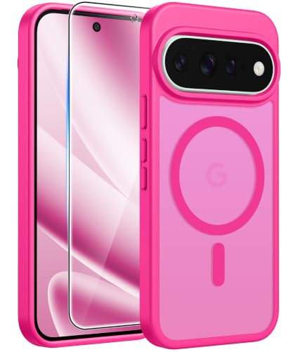 Image of FNTCASE for Google Pixel 11 Pro XL Case, Fit for Magsafe, Screen Protector | Translucent Matte Magnetic Back, 14FT Military Grade Drop Protection, Shockproof Protective Phone Cover, Hot Pink